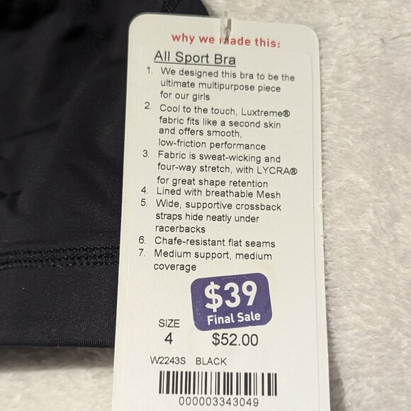 LULULEMON ALL SPORT BRA SIZE 4 BLACK BNWT! GYM RUN DANCE CROSS-FIT $52 RETAIL - Picture 4 of 6
